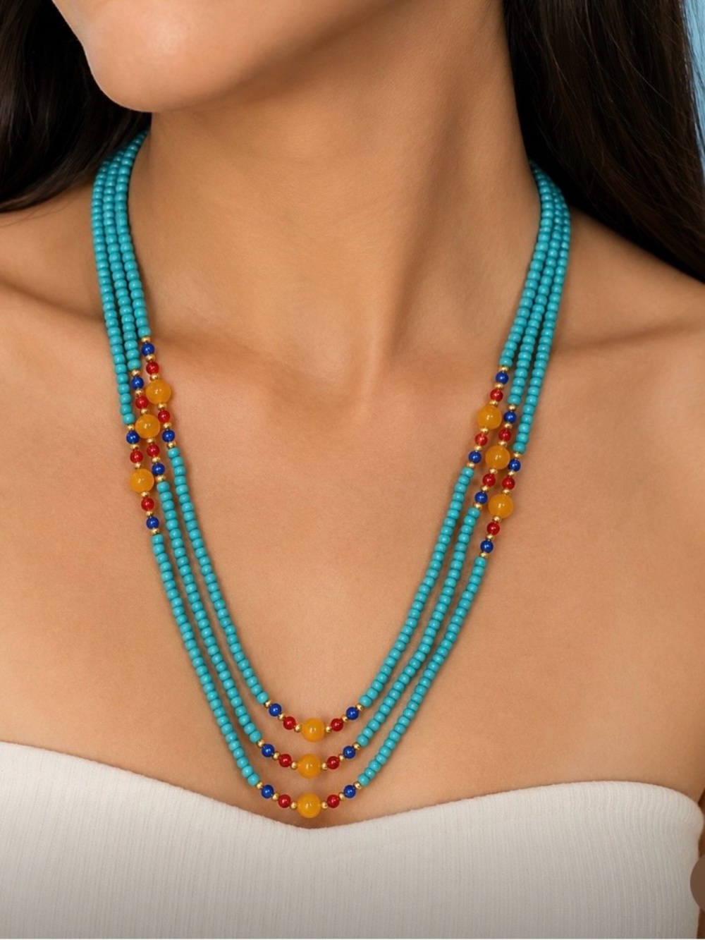 Artisan Crafted Multi-Stand Turquoise Beaded Necklace Yellow & Blue Accent beads